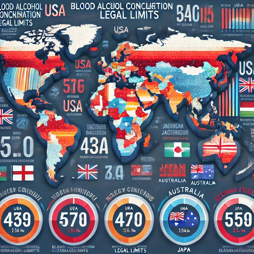 A world map color-coded to display global legal BAC limits, highlighting key countries and their BAC thresholds, ideal for understanding regional differences in BAC calculator results