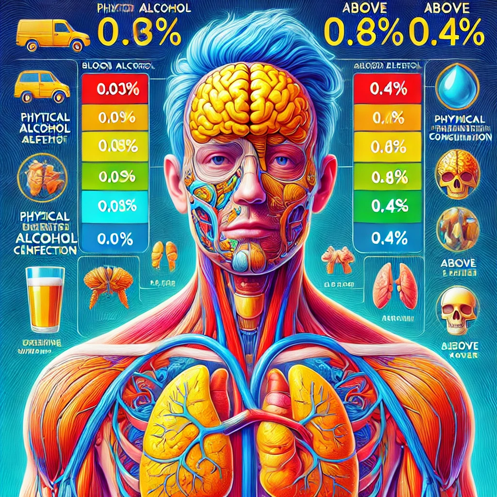 An infographic explaining the BAC calculator process, showing a human body diagram with highlighted organs involved in alcohol metabolism, alongside a step-by-step flowchart of the Widmark formula