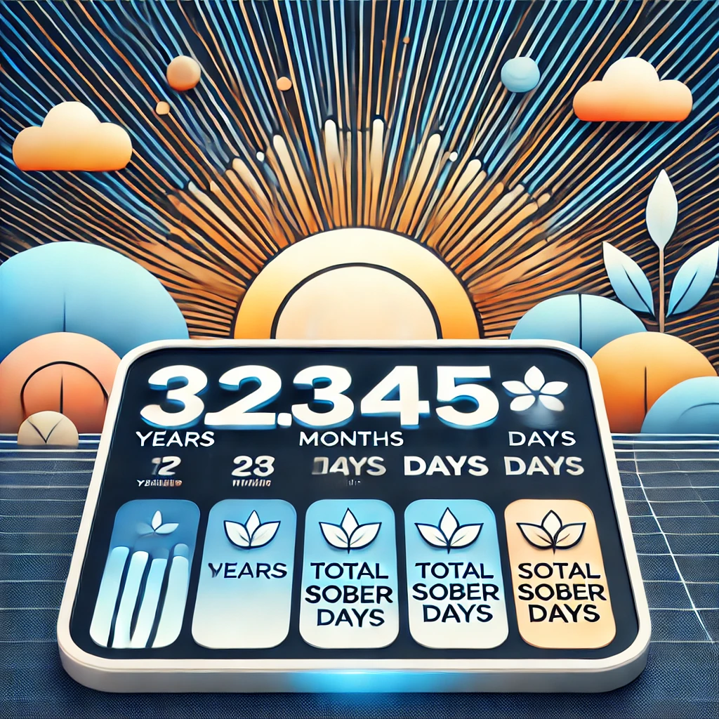 Sobriety Calculator interface displaying years, months, days, and total sober days with a motivational sunrise background.