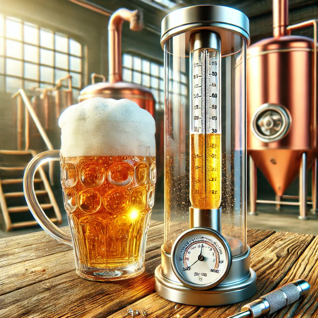 ABV Calculator: A brewing hydrometer floating in a glass cylinder filled with golden beer, accompanied by a foamy beer mug on a wooden table. The background showcases a blurred brewery setting with copper tanks and tools