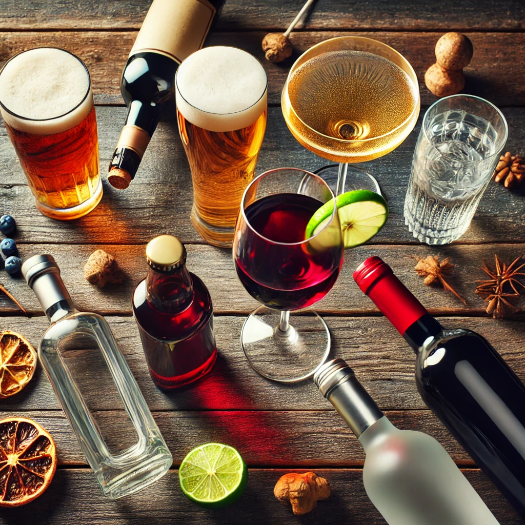 Flat-lay image showcasing Alcohol content in a pint of beer, a glass of red wine, a champagne flute, a cocktail glass with a lime wedge, and a bottle of vodka on a rustic wooden table.